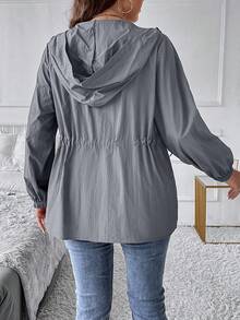 SHEIN LUNE Hơn Eo dây rút Dây kéo Áo trùm đầu - Xám - Xem 2