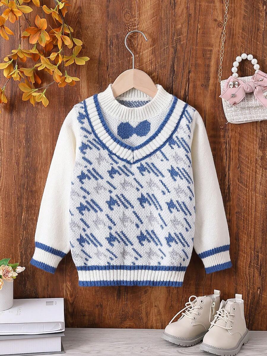 SHEIN Young Boy Houndstooth Pattern Striped Trim 2 In 1 Sweater - Blue and White - View 1