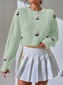 SHEIN Unity Floral Embroidery Cable Knit Drop Shoulder Crop Knit Pullover Fall Winter Sweater - Green - View 1