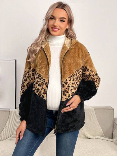 SHEIN Maternity Leopard Pattern Colorblock Drop Shoulder Hooded Teddy Jacket, For Winter