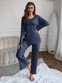EURMUSE Women's Text Print Ribbed Knit Lounge Wear Set - Blue - View 5