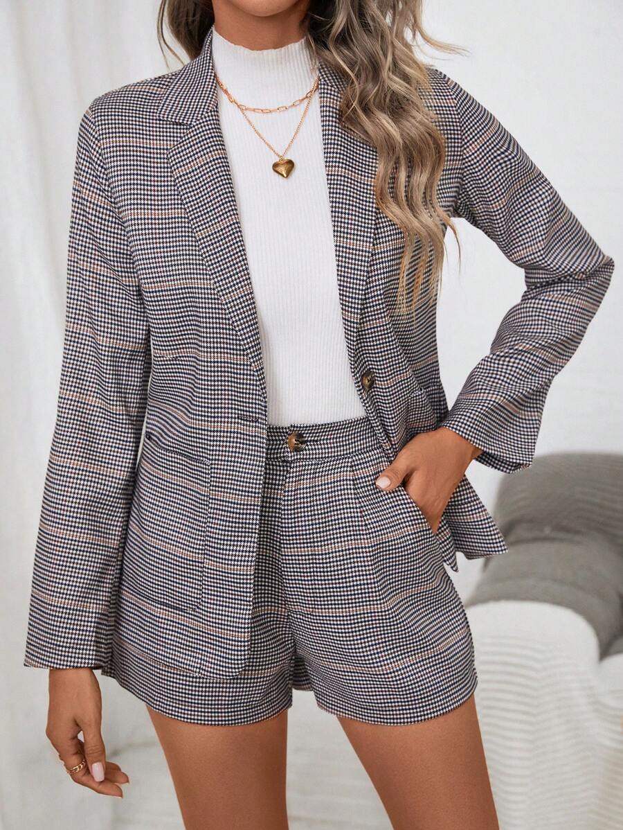 SHEIN Clasi Women's Houndstooth Blazer And Shorts Set - Multicolor - View 1