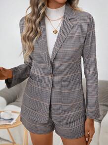 SHEIN Clasi Women's Houndstooth Blazer And Shorts Set - Multicolor - View 5