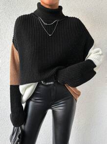 EURMUSE Damen Rollkragen Pullover Mit Farbblockierung