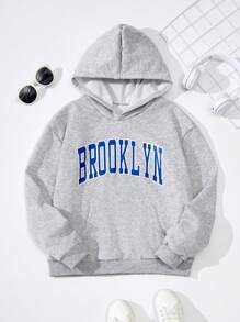 青少年男孩字母圖案袋鼠口袋連帽衫