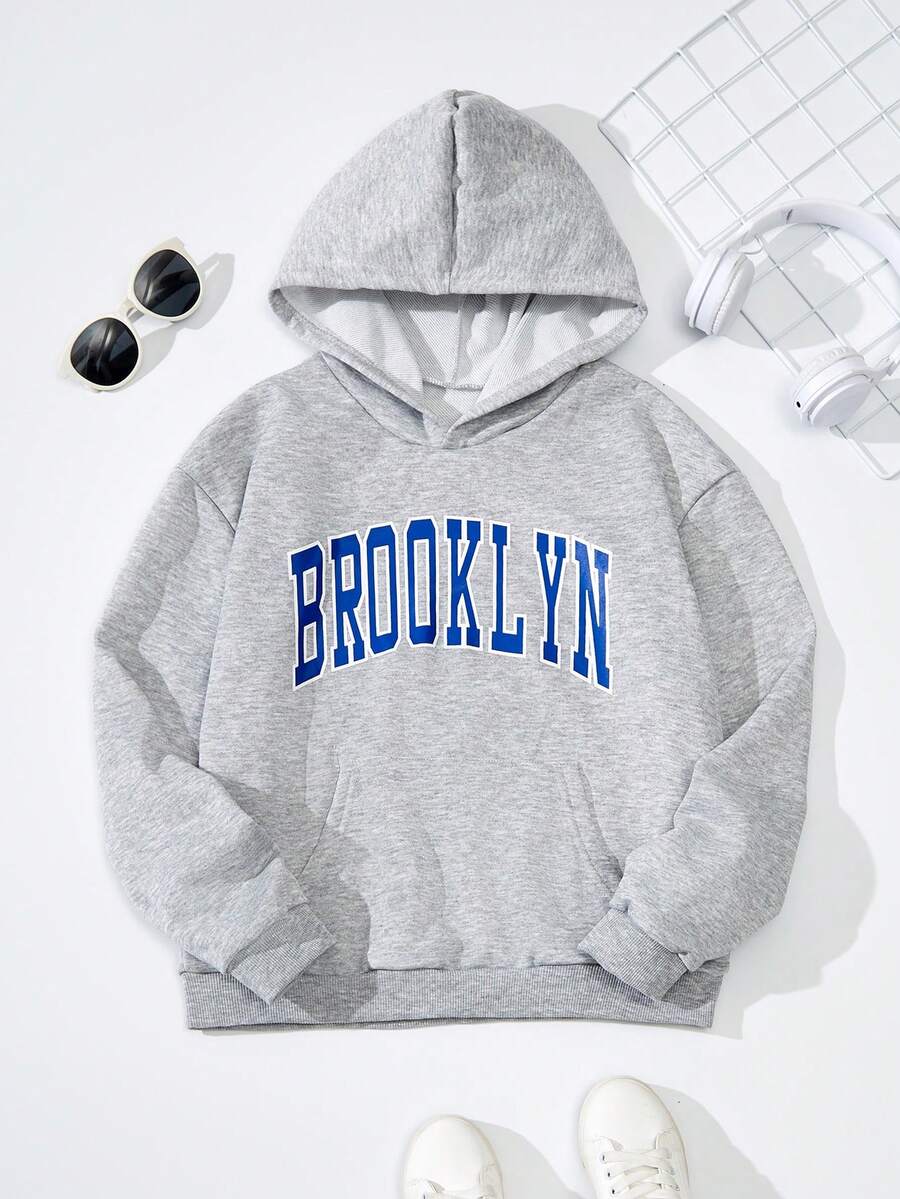 青少年男孩字母圖案袋鼠口袋連帽衫