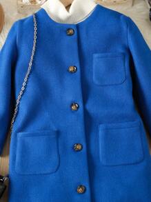 SHEIN Young Girl Button Front Pocket Patched Overcoat - Blue - View 3