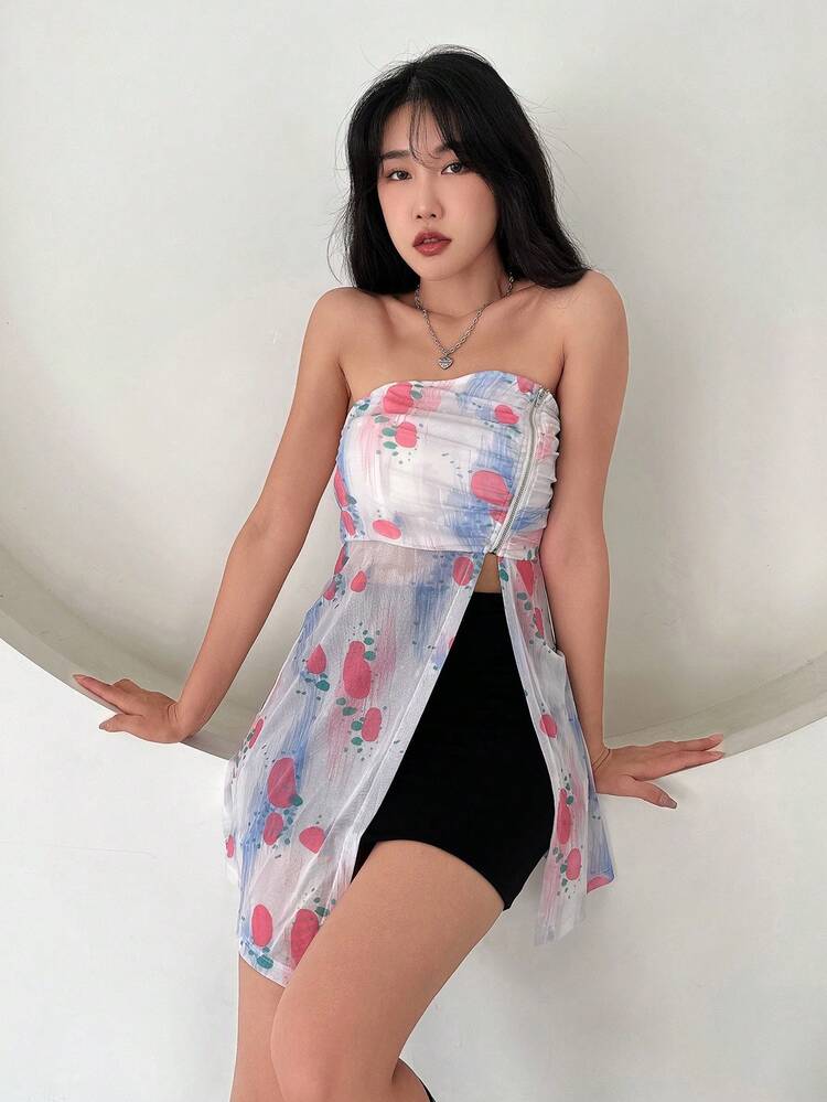 Ladies' Zipper Vest Jacket And Floral Printed Strapless Top 2pcs Set