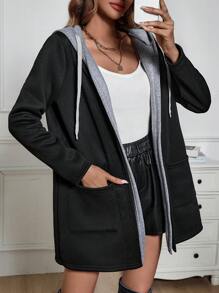 SHEIN LUNE Của phụ nữ Dây rút áo có mũ Áo khoác - màu đen - Xem 4