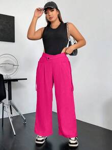 Flirla Hơn Eo không đối xứng Xếp nếp Quần ống rộng - Màu Hồng Tươi - Xem 5