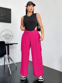 Flirla Hơn Eo không đối xứng Xếp nếp Quần ống rộng - Màu Hồng Tươi - Xem 6