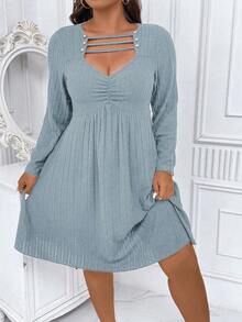 Celure Talla grande Vestido con abertura delantera pecho con fruncido - Celeste - Ver 4