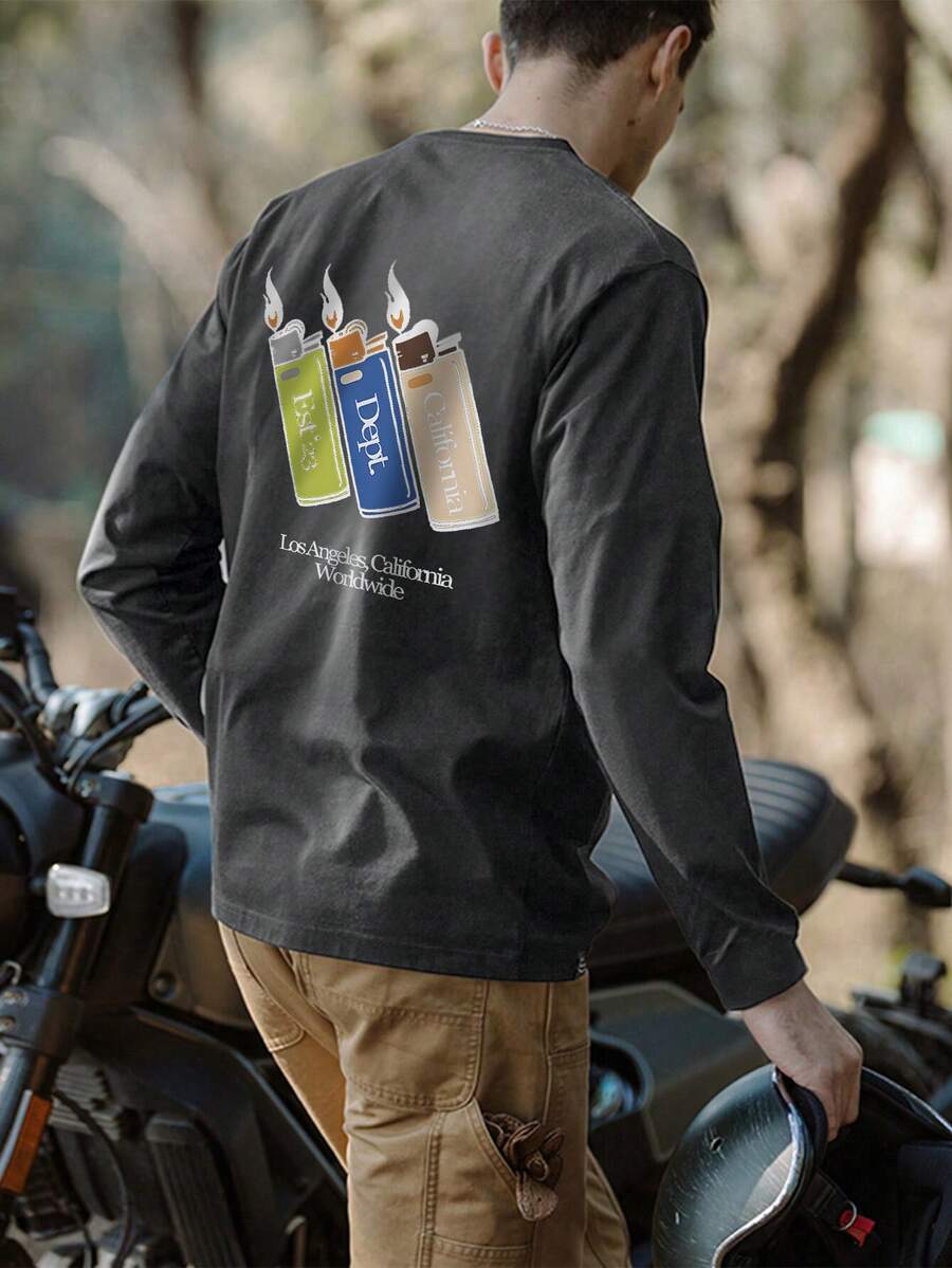 Men Lighter & Slogan Graphic Tee - Dark Grey - View 1