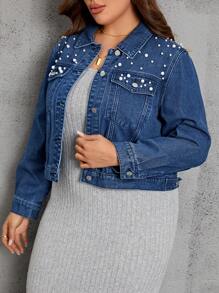 SHEIN LUNE Plus Pearls Beaded Flap Pocket Denim Jacket - Dark Wash - View 5