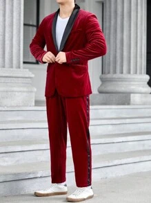 SHEIN 男士拼接面青果領絲絨西裝外套和褲子 - 酒紅色 - 查看 1