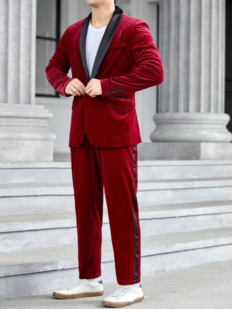 Men Contrast Panel Shawl Collar Velvet Blazer & Pants