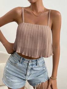 SHEIN Essnce Parte superior de tirantes lisos con pliegues y ribete de lechuga, top para salir - Caqui - Ver 4
