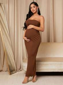 MaterniChic Maternity Solid Tube Bodycon Dress With Coat - Brown - View 5