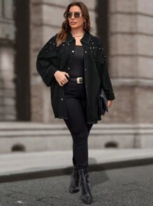 SHEIN LUNE 大碼珍珠串珠落肩袖毛邊緣外套 - 黑色 - 查看 6