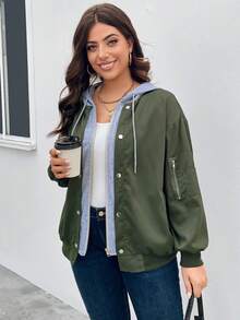 SHEIN LUNE Hơn Khối màu Thả vai Dây rút áo có mũ 2 trong1 Áo khoác - xanh quân đội - Xem 6