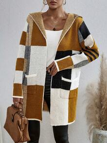 SHEIN LUNE 撞色雙口袋連帽開襟開衫 - 彩色 - 查看 6