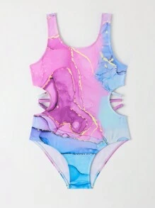 Tween Girl Marble Ombre Graphic Swimsuit, Heart & Style Gradient Pink/Blush Color, One-Piece Design, Great Gift For Valentine's Day'
