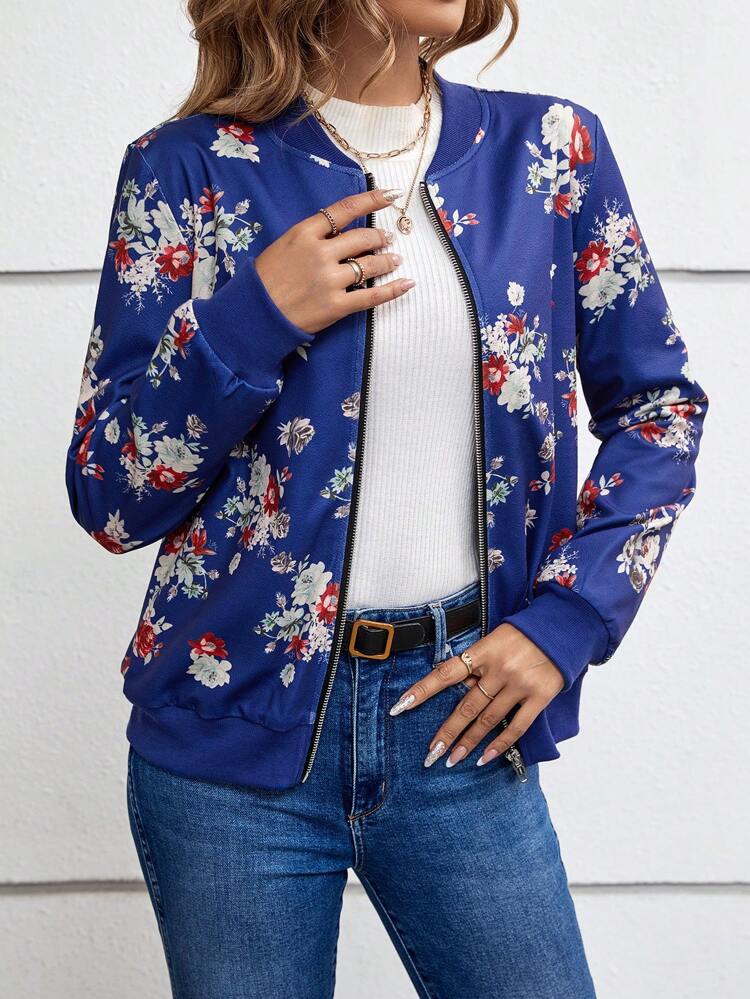 Floral Print Zip Up Bomber Jacket