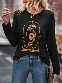 SHEIN LUNE 龍&字母圖案T恤 - 黑色 - 查看 1