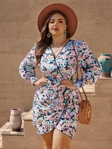 SHEIN VCAY Hơn In hoa Surplice cổ Váy Wrap Hem - Nhiều màu - Xem 3