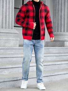 Manfinity VCAY 男士格紋圖案抽繩連帽開襟衫 - 彩色 - 查看 4