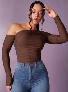 SHEIN BAE Cổ không đối xứng Xù Lưới Áo - Cà phê nâu - Xem 4