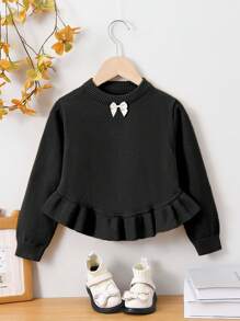 SHEIN 女小童前蝴蝶結荷葉邊套頭毛衣 - 黑色 - 查看 1