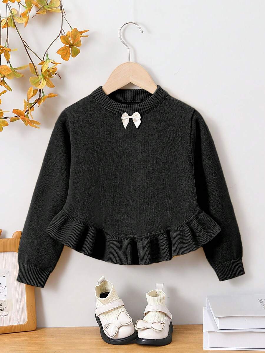 SHEIN 女小童前蝴蝶結荷葉邊套頭毛衣 - 黑色 - 查看 1