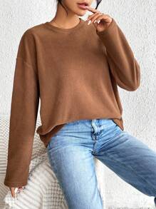 SHEIN Essnce 女款抓絨長袖落肩 T 卹 - 棕色 - 查看 3
