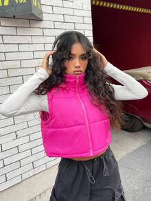 SHEIN EZwear 拉链连帽背心夹棉外套 - 玫紅色 - 查看 5