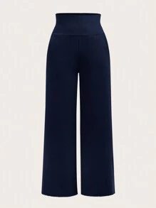 SHEIN LUNE 素色寬腰帶闊腿褲 - 藏蓝色 - 查看 1