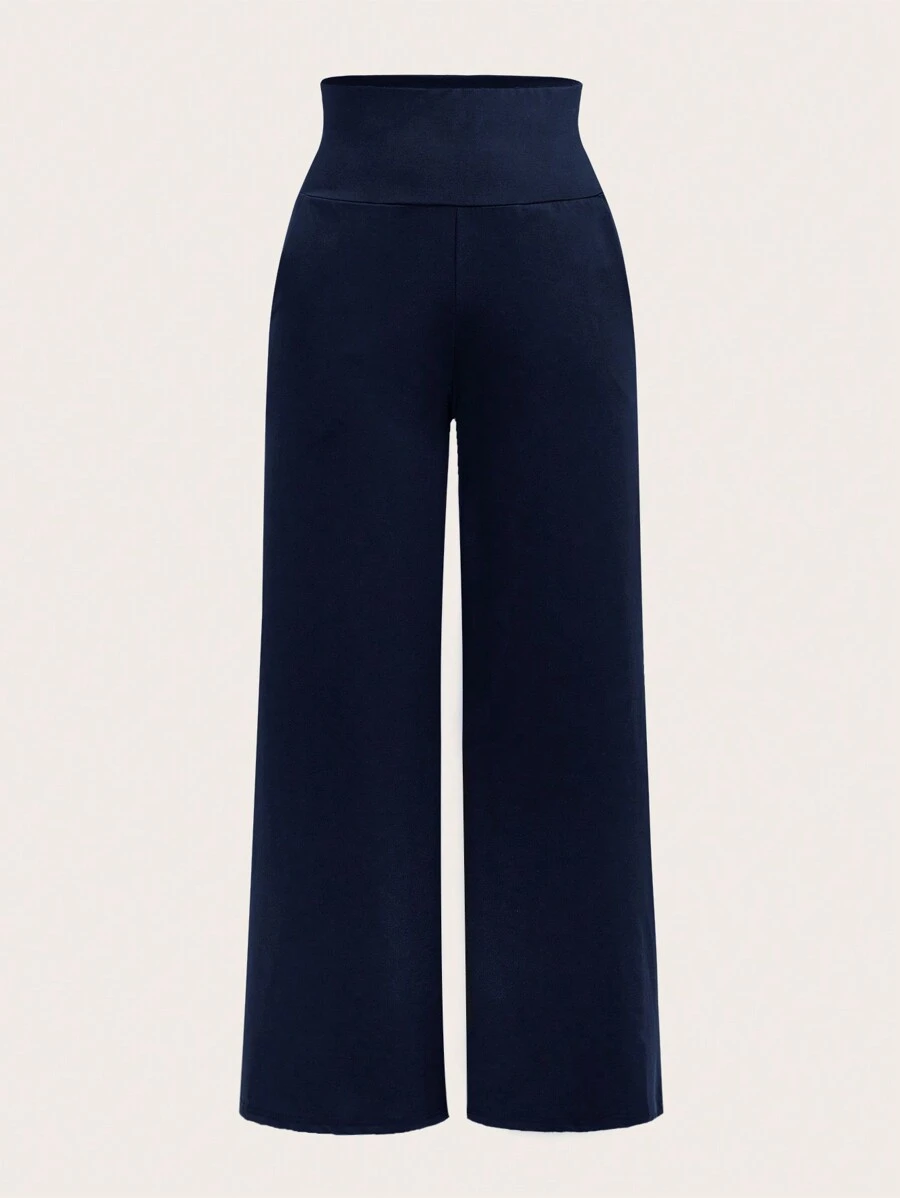 SHEIN LUNE 素色寬腰帶闊腿褲 - 藏蓝色 - 查看 1