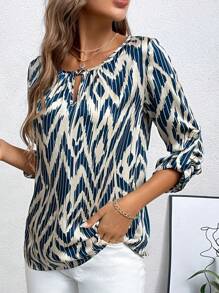 SHEIN LUNE Allover Print Keyhole Neck Roll Tab Sleeve Blouse - Navy Blue - View 5