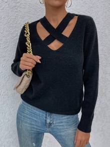 SHEIN Unity 前交叉套頭毛衣 - 黑色 - 查看 1