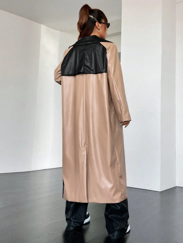 Colorblock Double Breasted PU Coat