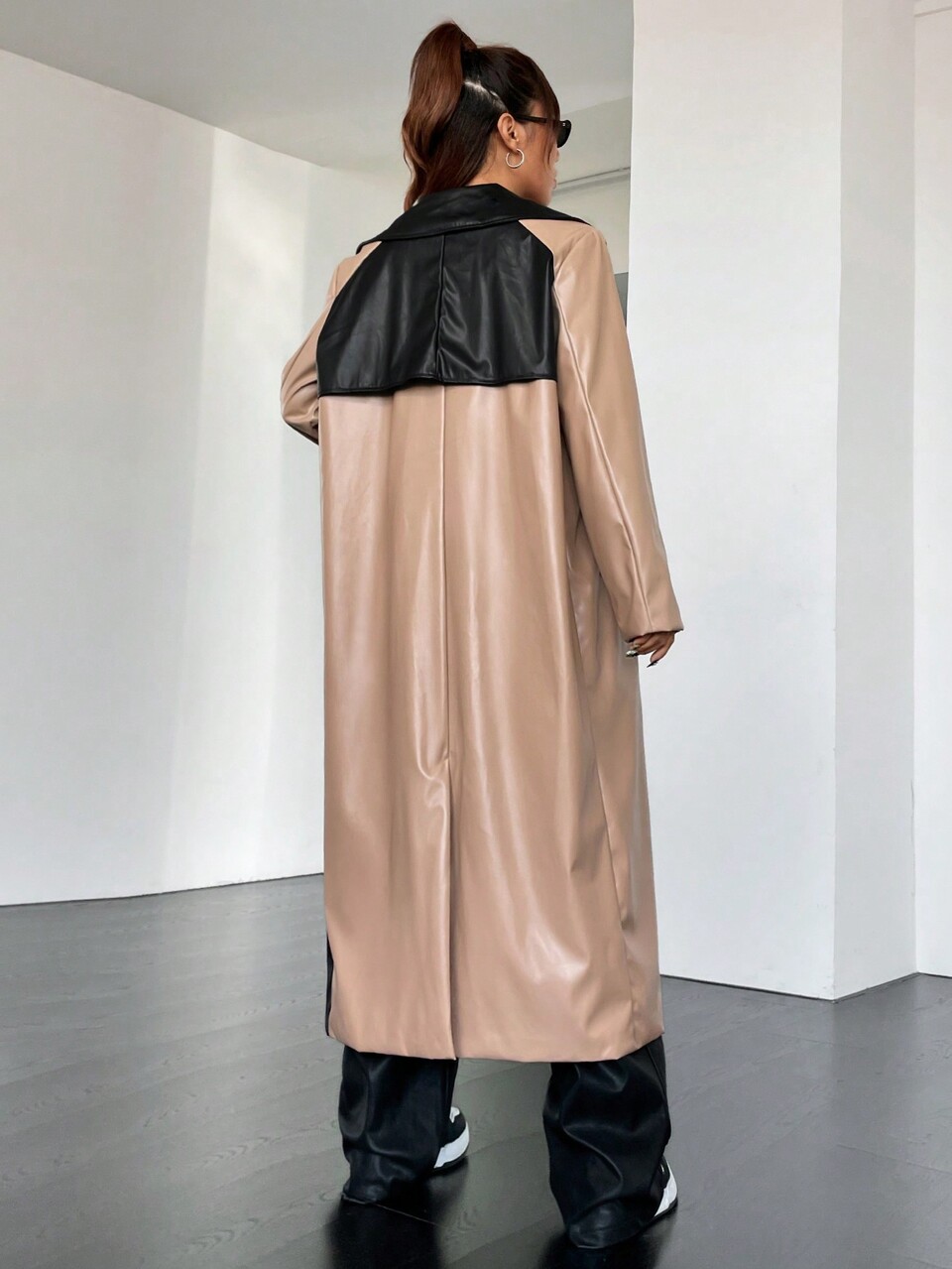 Colorblock Double Breasted PU Coat