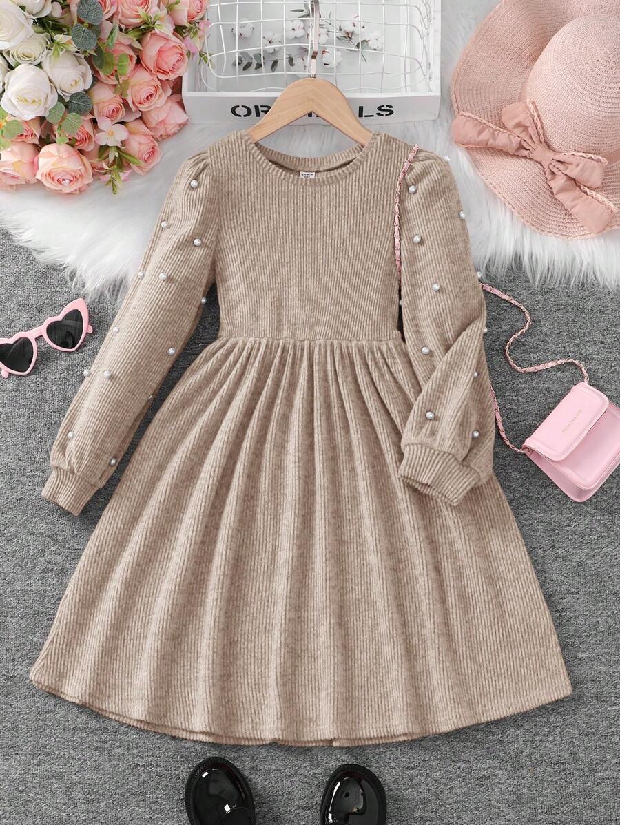 SHEIN Váy tay dài cổ tròn đính cườm màu trơn cho cô gái Tween - Màu Khaki - Xem 1