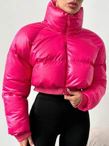 EURMUSE Raglan Sleeve Zip Up Crop Puffer Coat - Pink - View 4