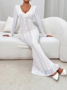 SHEIN Privé Tie Front Mermaid Hem Dress - White - View 3