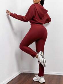 Slaydiva Drop Shoulder Drawstring Hoodie & Sweatpants - Burgundy - View 2