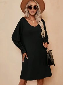 SHEIN LUNE Chất rắn Cổ v Váy áo thun - màu đen - Xem 4