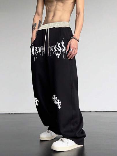 Manfinity EMRG Men Cross Letter Graphic Drawstring Waist Oversize Sweatpants Wide Leg Long Sweat Pants Going Out Goth Boyfriend Gift, Halloween, Goth Sweatpants, Baggy Streetwear, Black Graphic Sweat Pants, Sweat Pants For Men God Christ, For Rave