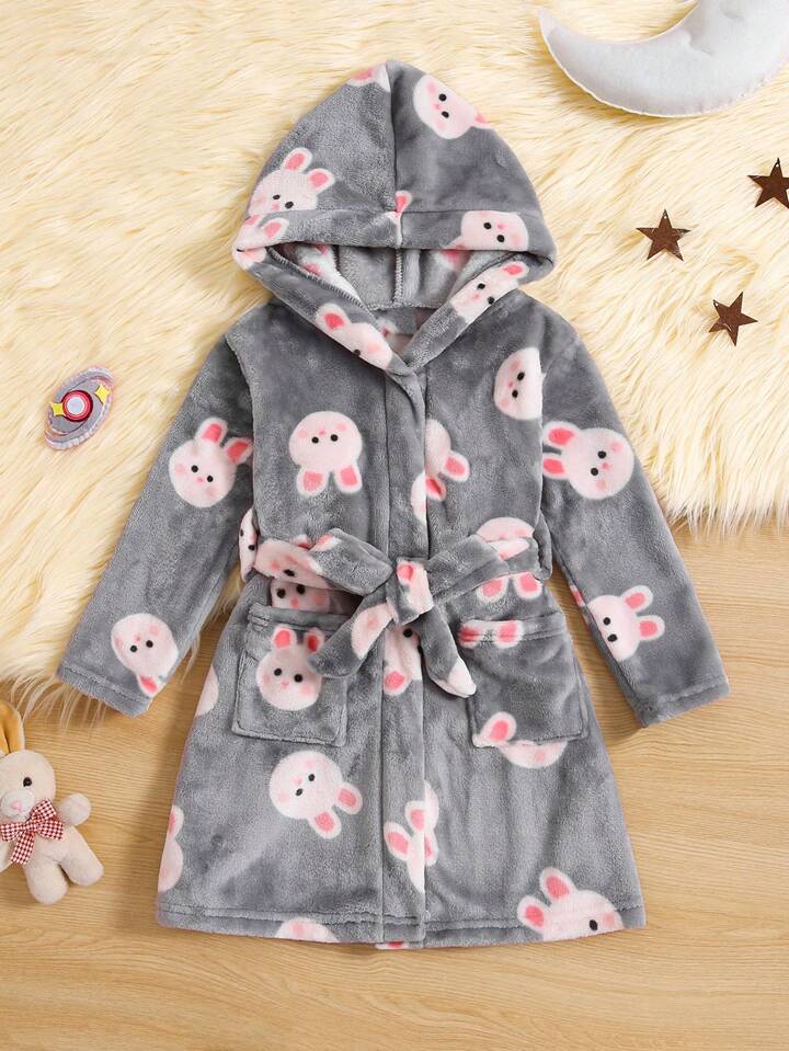 Jeune Fille Peignoir Imprim Lapin Capuche Ceintur En Flanelle