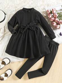 SHEIN Jeune Fille À Col Montant Robe Ceinturée & Legging - Noir - Voir 1