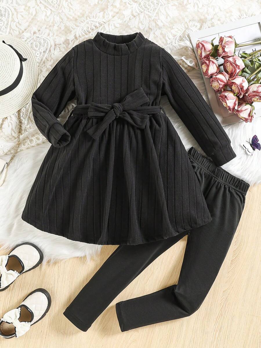 SHEIN Jeune Fille À Col Montant Robe Ceinturée & Legging - Noir - Voir 1
